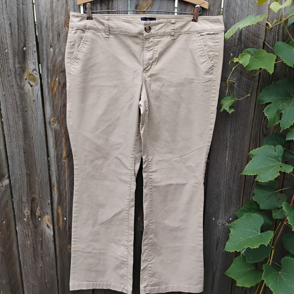 American Eagle Kick Boot Chino Khaki Pants Womens 14 Regular Tan Stretch Flare